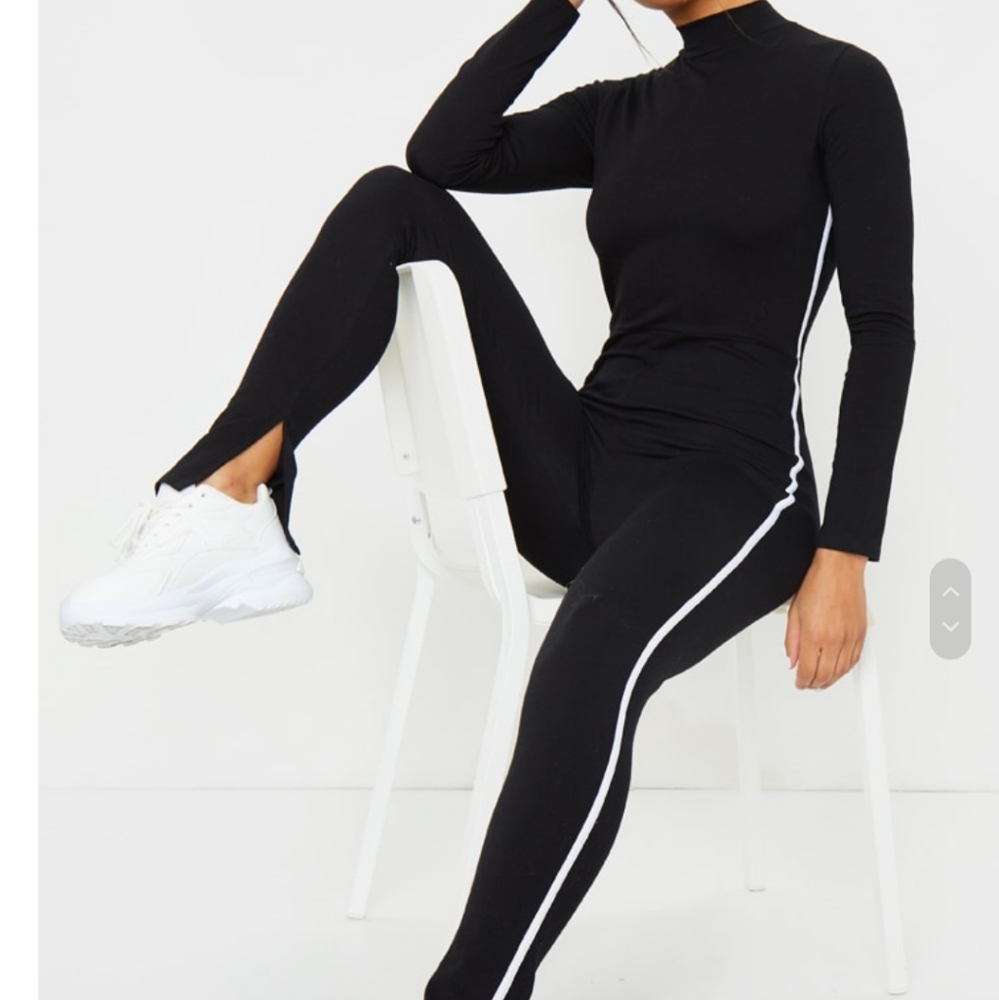 Black Sports Stripe High Neck Jumpsuit